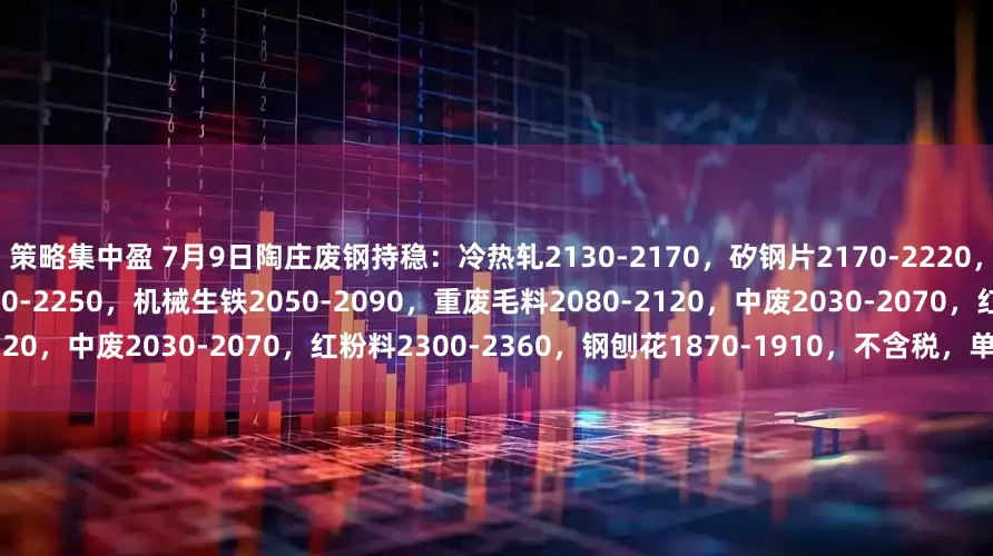 策略集中盈 7月9日陶庄废钢持稳：冷热轧2130-2170，矽钢片2170-2220，镀锌料2070-2110，钢板料2210-2250，机械生铁2050-2090，重废毛料2080-2120，中废2030-2070，红粉料2300-2360，钢刨花1870-1910，不含税，单位：元/吨。
